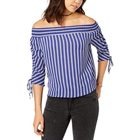 Juniors' Striped Off-The-Shoulder Ruched-Sleeve Top